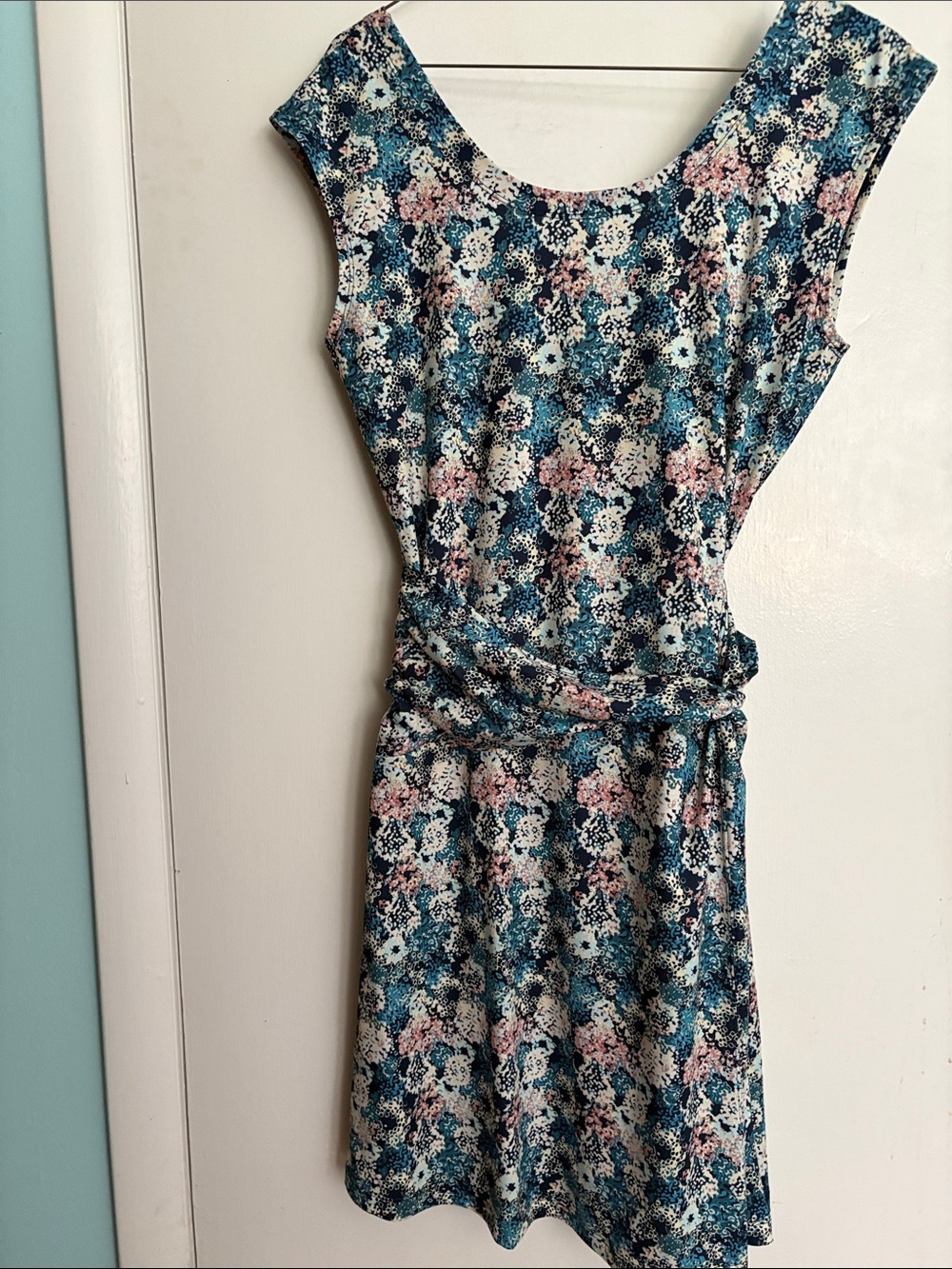 Patagonia Teal Floral Tie-Waist Mini Dress with Pink and White Accents